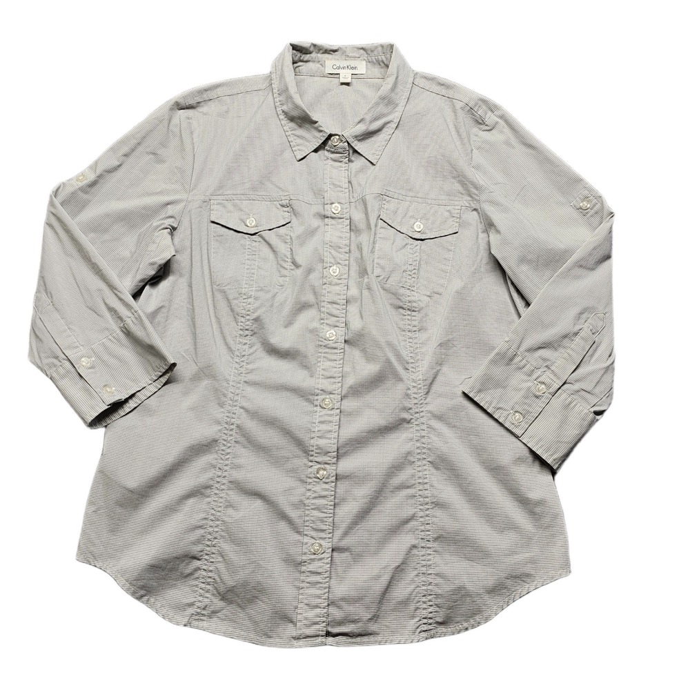 Calvin Klein Shirt Womens Large‎ Gray Micro Check Roll Tab Sleeve Button Front